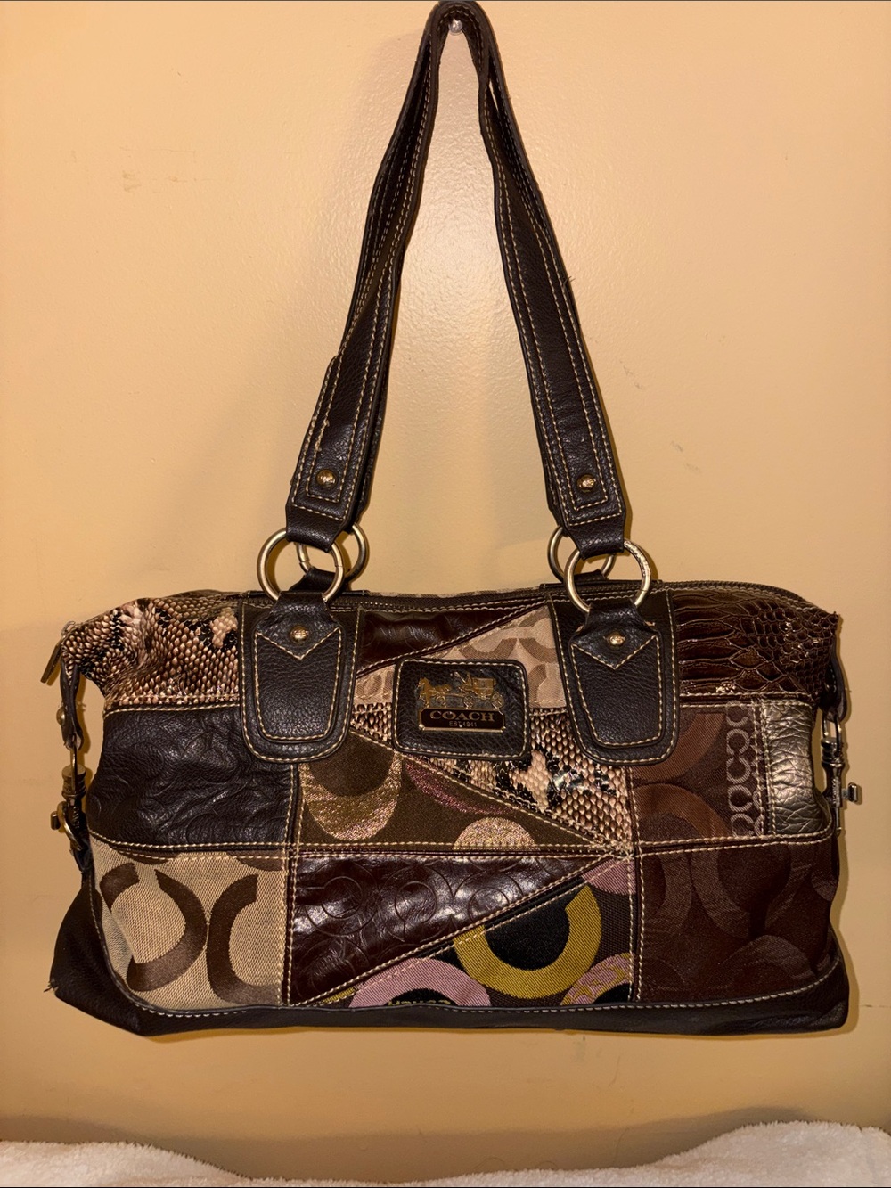 Coach Patchwork Signature Shoulder Bag in Brown, Tan, Black and Pink Accents